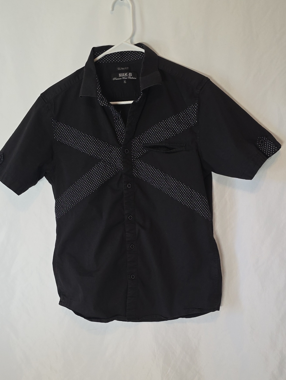 MAK-B Black Short Sleeve Cotton Button Up Shirt Geometric Dot Pattern XL
